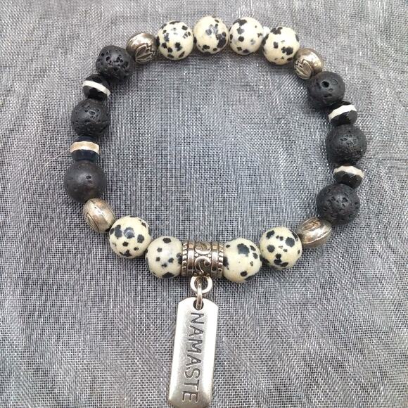 Dalmatian Jasper Beaded Bracelet Handmade Black Lava Stones Tibetan Silver Charm - Picture 3 of 10